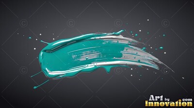 On a dark gray backdrop, a thick teal and white brushstroke stretches across