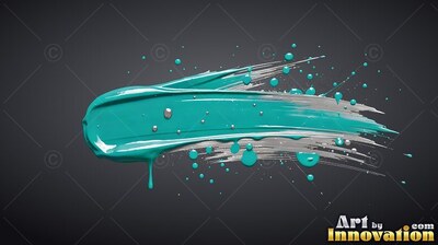 Sweeping across a dark background, thick teal paint drips over silver streaks
