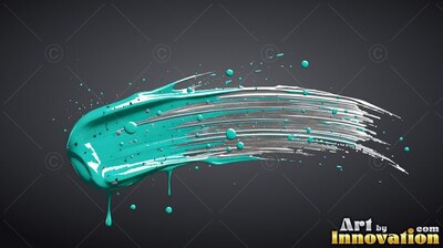 Teal and silver brushstroke dripping against dark gray