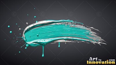 Dripping wet bristle ridges mark a thick teal and silver paint stroke across a dark gray backdrop
