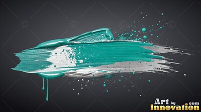 A deep stroke of teal paint spreads over silver paint with wet glossy highlights
