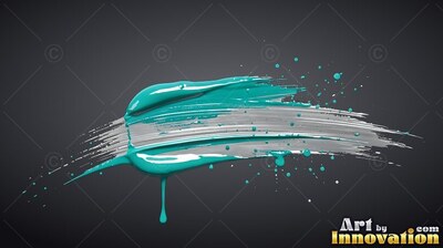 Swe eping horizontally across dark gray, teal and white paint brushstrokes drip