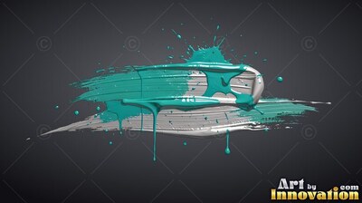 Thick teal and white paint layered in a horizontal brushstroke over dark gray