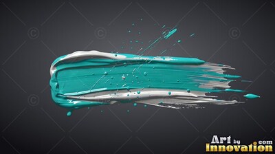On a dark gray backdrop, a thick teal and white paint stroke sweeps across