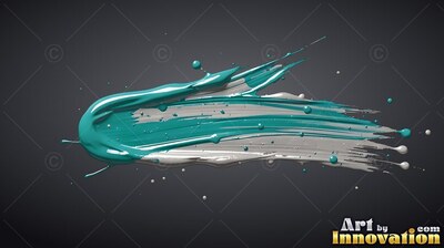 Sweeping across dark gray, a thick stroke of teal and white paint splatters small drops