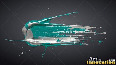 Raised glossy ridges define a teal and silver paint stroke on a dark gray surface
