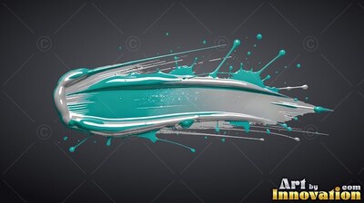 A brushstroke of teal paint spreads horizontally, highlighted with shiny silver edges