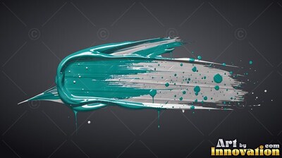A thick stroke of teal and white paint with splatters on dark gray