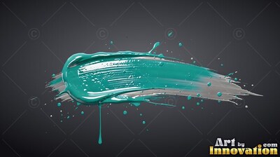 On a dark gray backdrop, a deep brushstroke of teal paint smears over silver paint