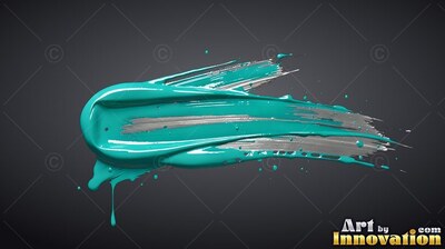 Sweeping across dark gray, glossy teal and silver paint forms a thick horizontal brushstroke
