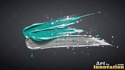 Teal and silver paint strokes with splatters on dark gray