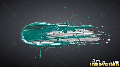Rich teal paint streaks over silver bristles against a dark gray background