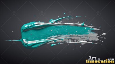 Teal and white paint spreads across a dark background with small shiny splatters