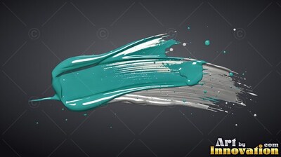 Thick teal and gray brushstrokes sweep on top of dark gray background