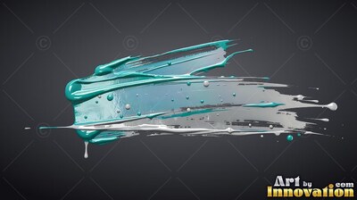 Against a dark gray backdrop, a thick teal and silver paint smear stretches across