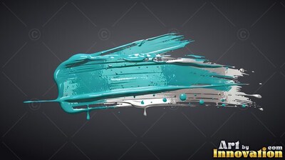 Sweeping across dark gray, a thick teal brushstroke overlaps wet silver paint