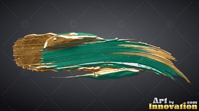 Teal and metallic gold brushstroke on a dark gray background