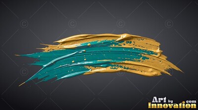 Wet bristle ridges in a thick sweep of teal and gold paint against a dark gray surface