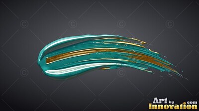 A teal brushstroke curves sideways, laced with glossy lines of bright gold