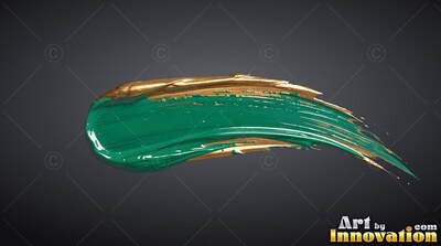 A thick brushstroke of green and gold paint flows on top of dark gray background