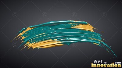 On a dark gray surface, a thick stroke of teal and golden paint sweeps across