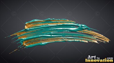 Sweeping across gray, wet teal paint mixes with rough gold strokes
