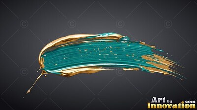 Glossy gold ridges set against a dark gray background outline a thick stroke of teal paint