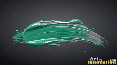 A curved smear of thick teal paint spreads across dark gray with glossy highlights