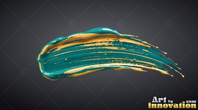 Curving horizontally against gray, a thick stroke of teal and yellow paint curves right