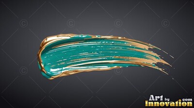 A thick smear of teal paint with shiny gold edges rests on dark gray
