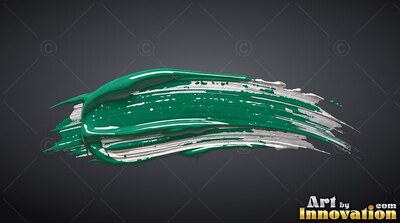 On a dark gray backdrop, a wet stroke of green and white oil paint curves across