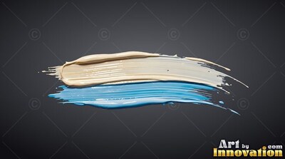 Stretched horizontally across a gray backdrop, thick cream and blue paint smears