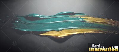 A thick teal and gold brushstroke sweeps over dark gray surface