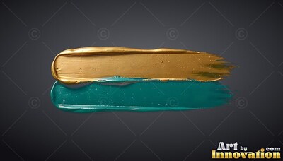On a dark gray backdrop, two thick paint strokes sit in gold and teal