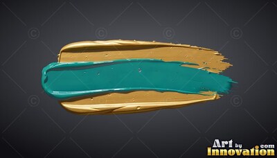 Layering over a thick gold smear, a glossy brushstroke of teal paint sits on a dark gray surface