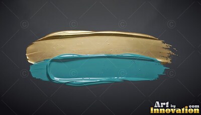 Thick gold and teal paint strokes on a deep gray background