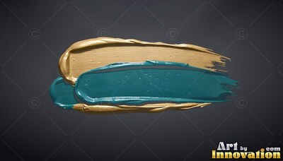 Thick ridges of glossy teal and golden paint brush against dark gray backdrop