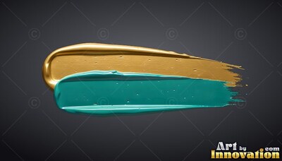 Thick gold and teal paint brushes across dark gray with bright highlights along the wet edges