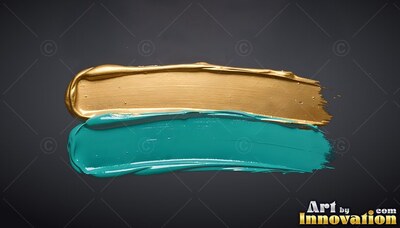 Horizontal sweeps of gold and teal paint layered over dark gray backdrop