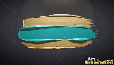 A thick stroke of teal paint sits over a broad gold brushstroke on dark gray