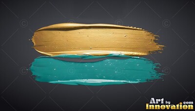 On a plain dark gray background, a thick gold paint stroke rests over a teal stroke