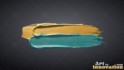 Stretching across a gray background, thick yellow and teal paint strokes overlap