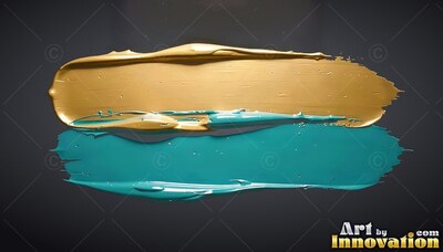 Thick gold and teal paint strokes on a deep gray background