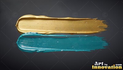 Thick brush ridges line gold and teal paint strokes against a plain dark gray background