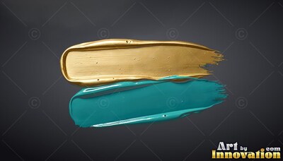 Two thick paint strokes sweep across dark gray, with shiny gold over wet teal