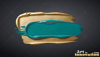 Stretched horizontally over dark gray, teal paint rests on gold paint