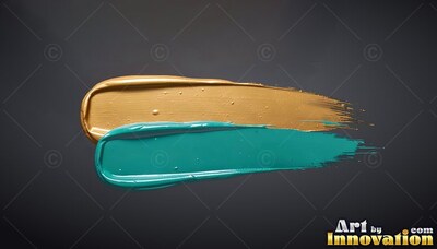 Thick gold and teal paint smeared across a dark gray background
