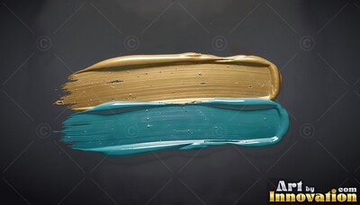 On a dark gray background, two thick brushstrokes of gold and teal paint lie flat
