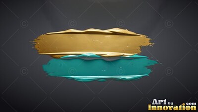 Stretching horizontally, thick gold and teal paint strokes rest on a black background