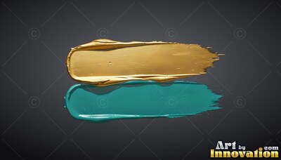 Thick ridges line gold and teal paint strokes set horizontally against dark gray